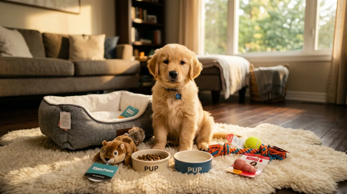 Filhote de golden retriever sentado em sala de estar cercado de itens novos
