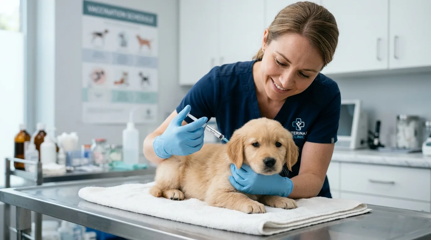 Veterinaria aplicando primeira vacina em filhote golden retriever