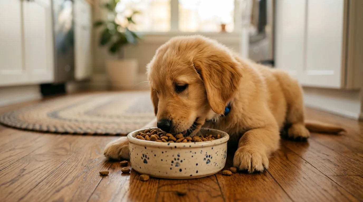 Filhote comendo racao em tigela de ceramica nova na cozinha
