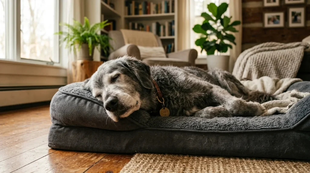 Cachorro idoso de focinho grisalho descansando em cama ortopedica confortavel