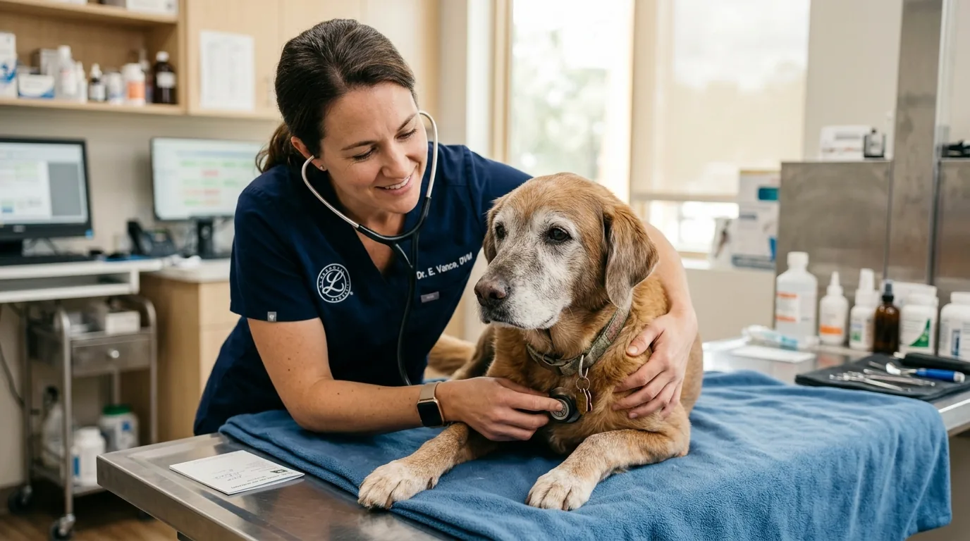 Veterinaria examinando cachorro idoso com estetoscopio em consulta de rotina