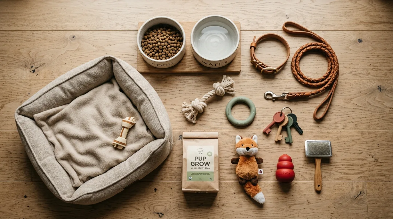 Kit inicial de filhote organizado no chao com cama, comedouro e coleira