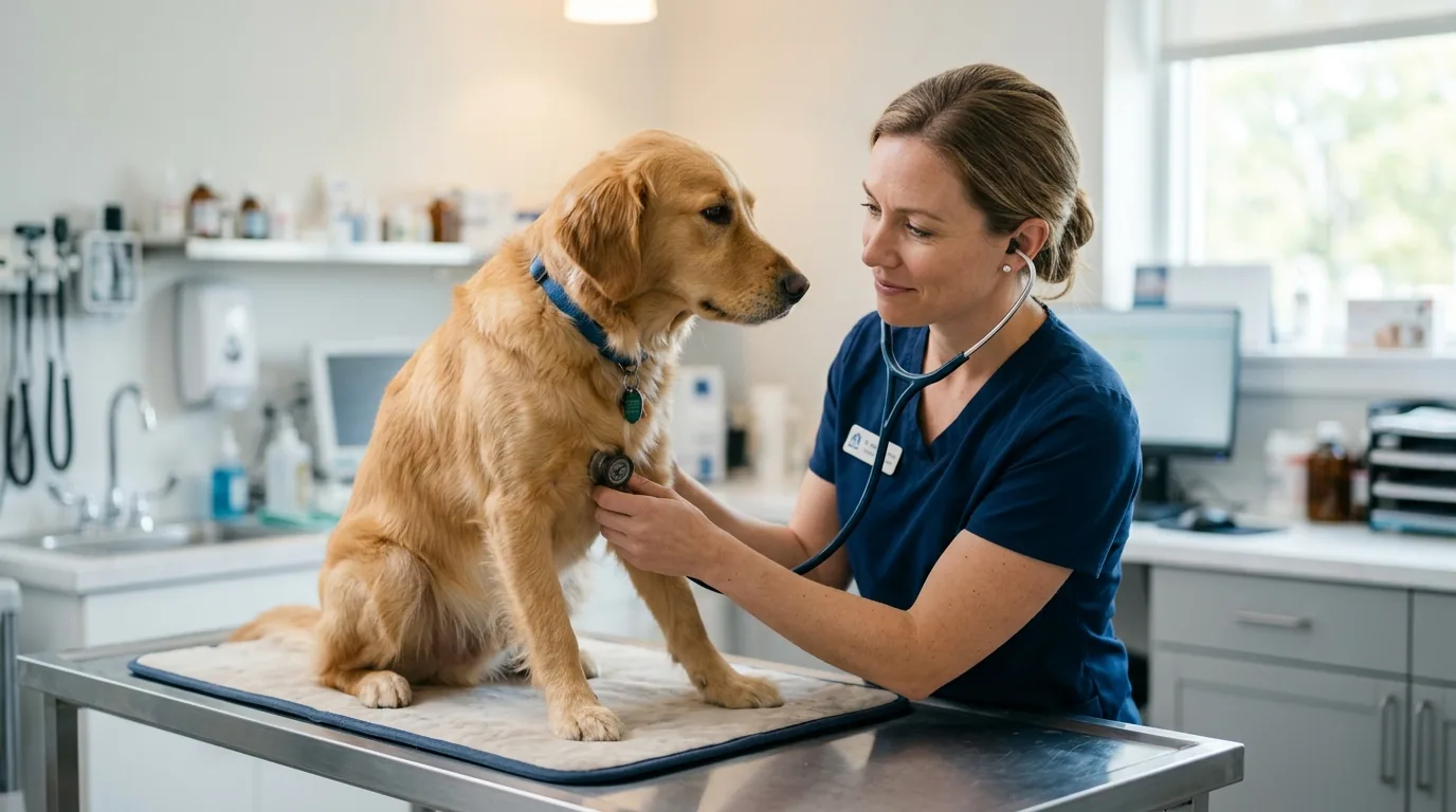 Veterinaria examinando golden retriever com estetoscopio em clinica