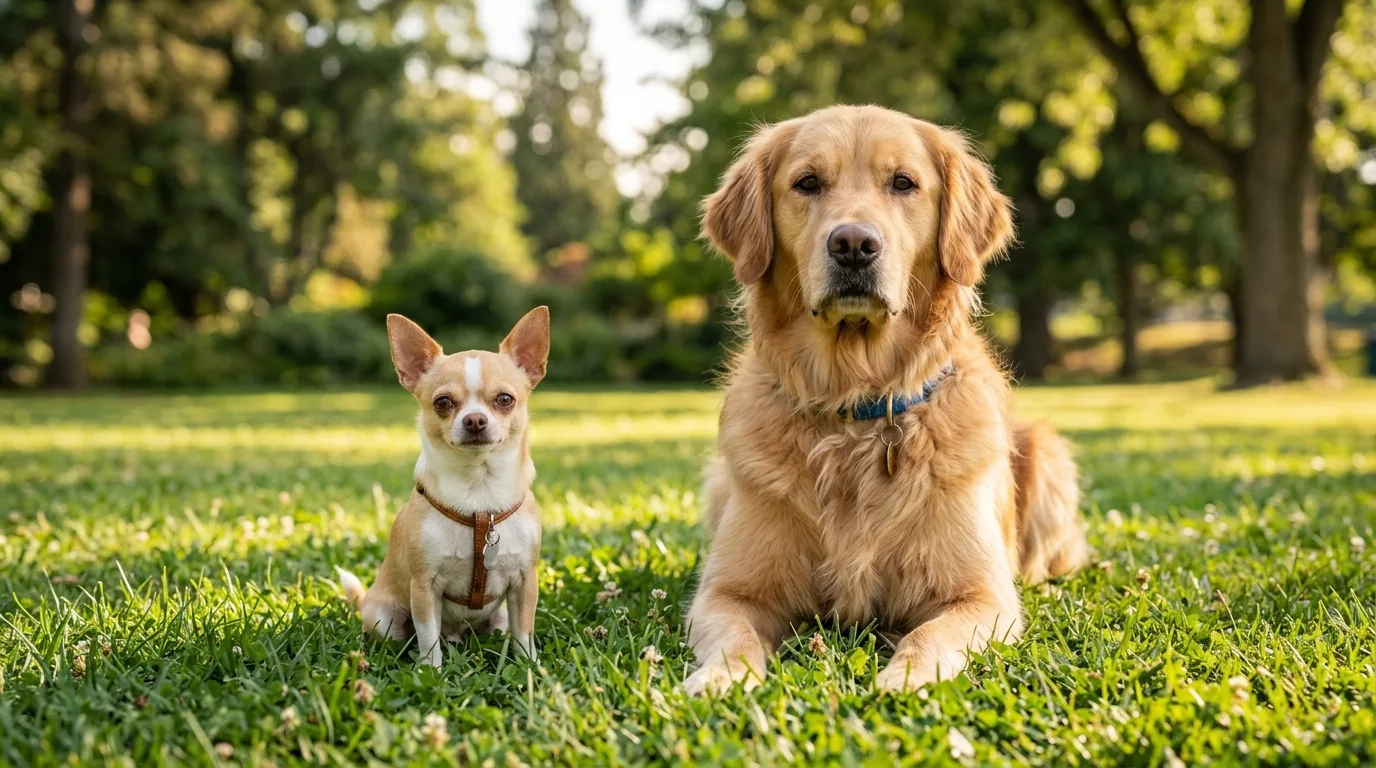 Chihuahua pequeno e golden retriever grande sentados juntos em parque gramado