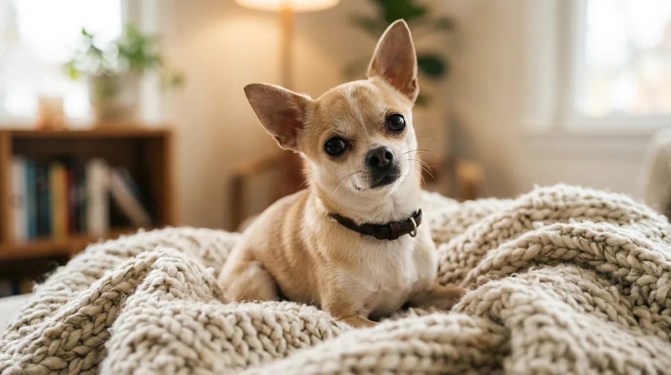 Retrato de close de chihuahua sentado em cobertor macio em casa