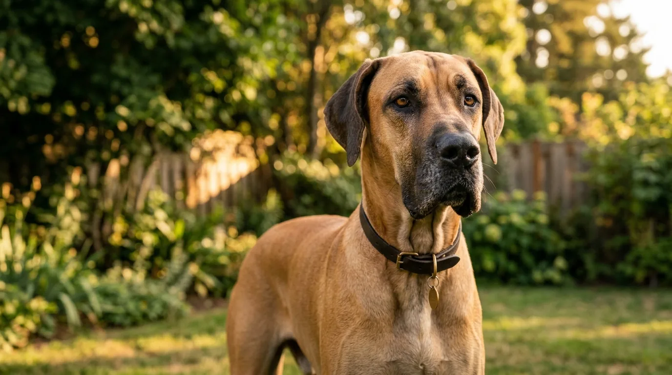 Retrato de close de cachorro Great Dane grande em quintal espacoso
