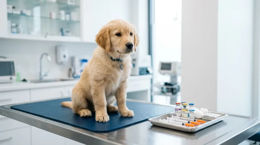 Filhote calmo sentado em mesa de exame veterinario esperando com vacinas ao lado