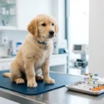 Filhote calmo sentado em mesa de exame veterinario esperando com vacinas ao lado