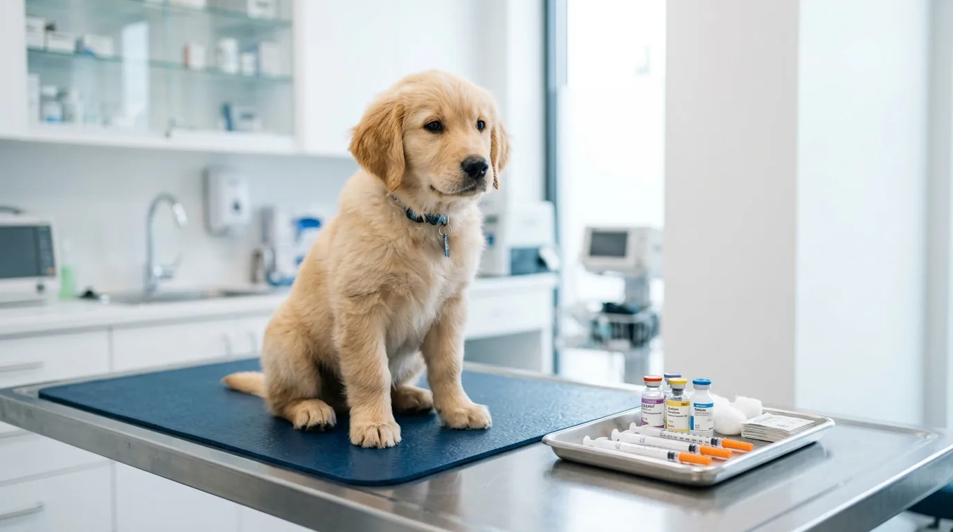 Filhote calmo sentado em mesa de exame veterinario esperando com vacinas ao lado