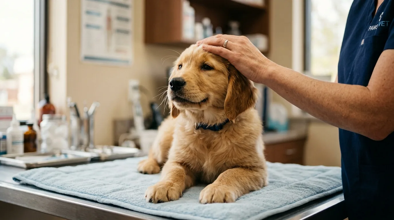 Filhote relaxado recebendo carinho na cabeca apos consulta veterinaria