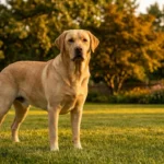 Labrador Retriever majestoso em jardim ao entardecer