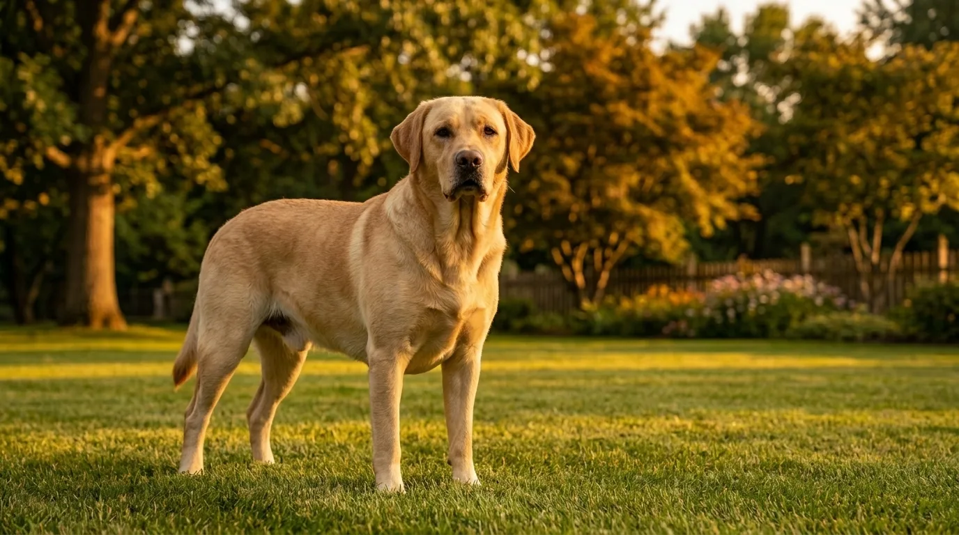 Labrador Retriever majestoso em jardim ao entardecer