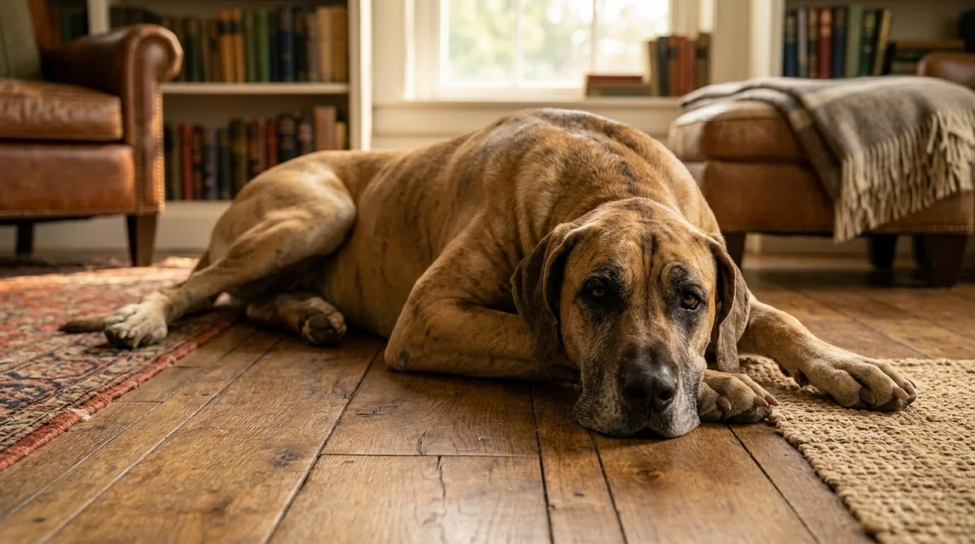 Dogue Alemao gigante e docil deitado em sala aconchegante
