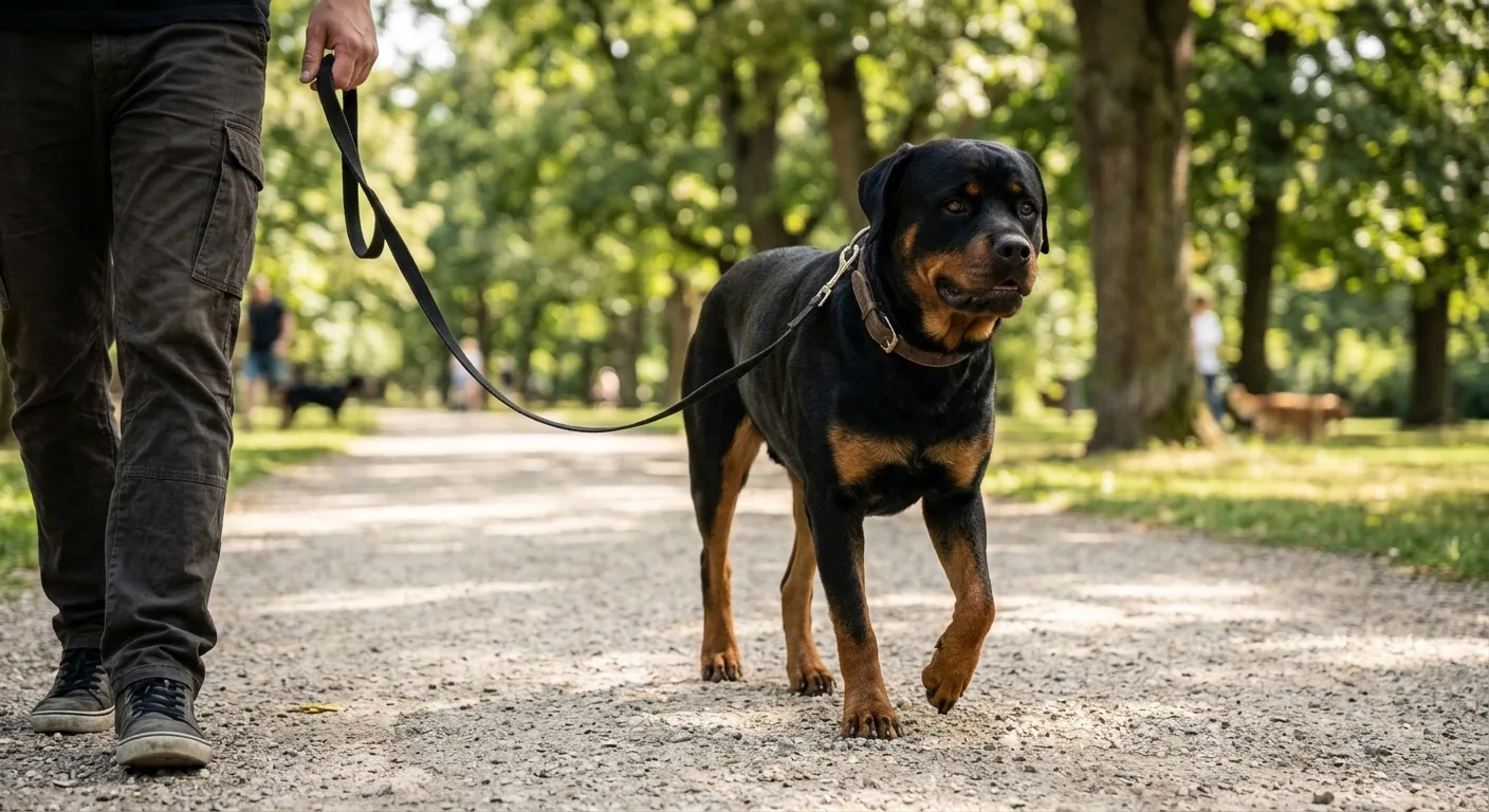 Rottweiler passeando calmamente com dono no parque