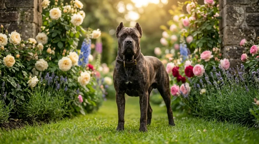 Cane Corso musculoso e imponente em jardim