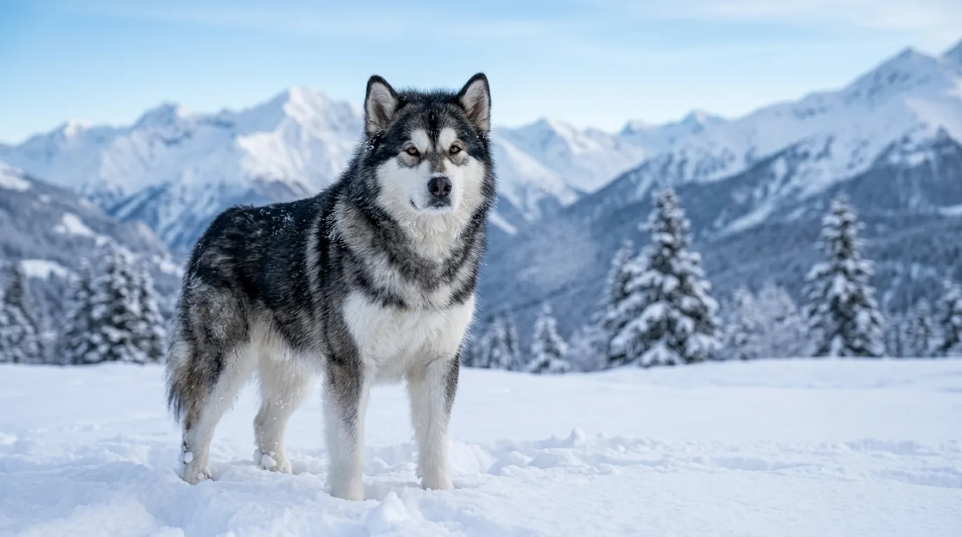 Malamute do Alasca forte e resistente na neve
