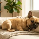Buldogue Frances relaxando confortavelmente no sofa em apartamento
