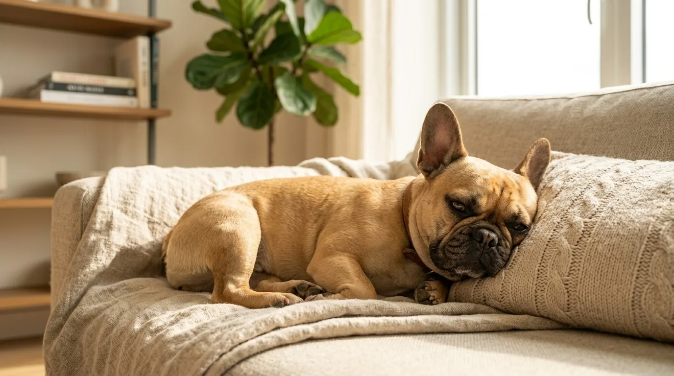 Buldogue Frances relaxando confortavelmente no sofa em apartamento
