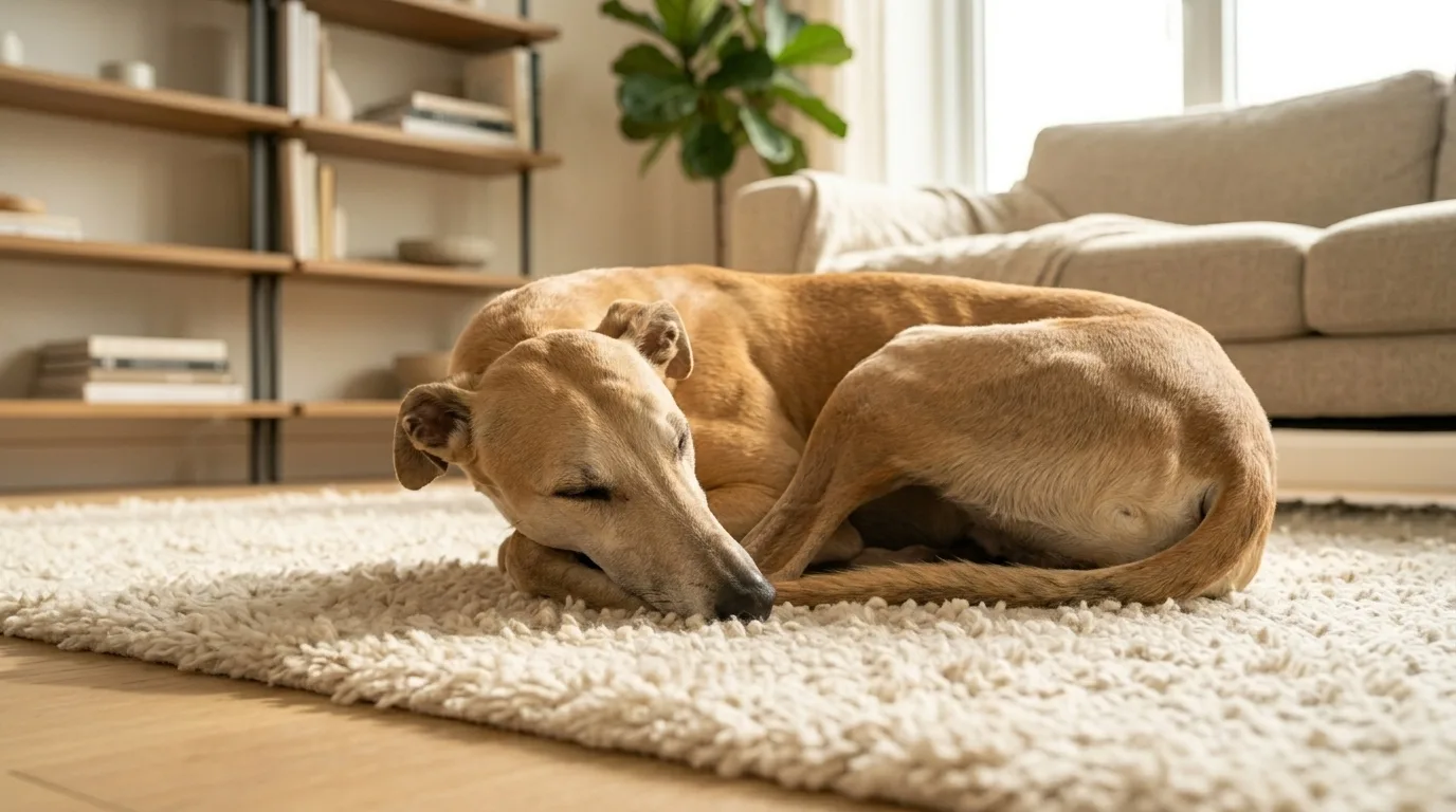 Galgo elegante dormindo tranquilamente em tapete macio
