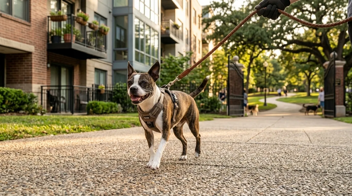 Cachorro pequeno passeando animado em ambiente urbano perto de predios