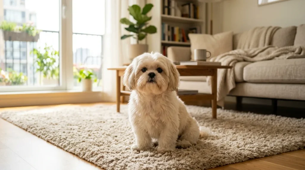 Shih Tzu, raça de cachorro pequena, sentado em tapete de sala de apartamento aconchegante