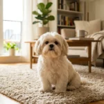 Shih Tzu, raça de cachorro pequena, sentado em tapete de sala de apartamento aconchegante