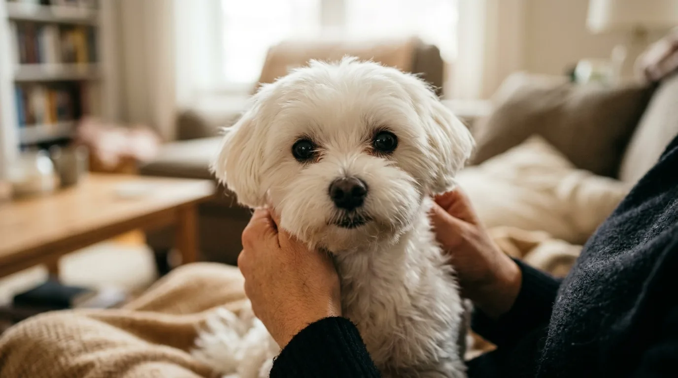Maltês pequeno sendo segurado no colo com carinho, cachorro de raça pequena e dócil