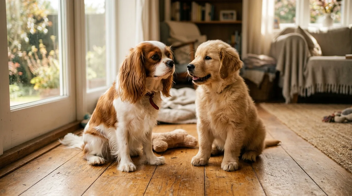 Cavalier King Charles Spaniel e filhote de golden retriever brincando juntos no chão de madeira