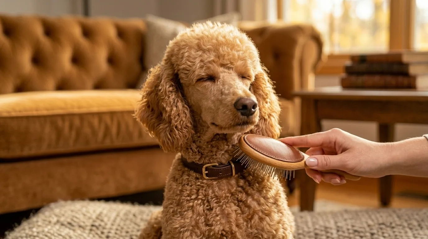 Cachorro sendo escovado gentilmente em sessao de cuidado