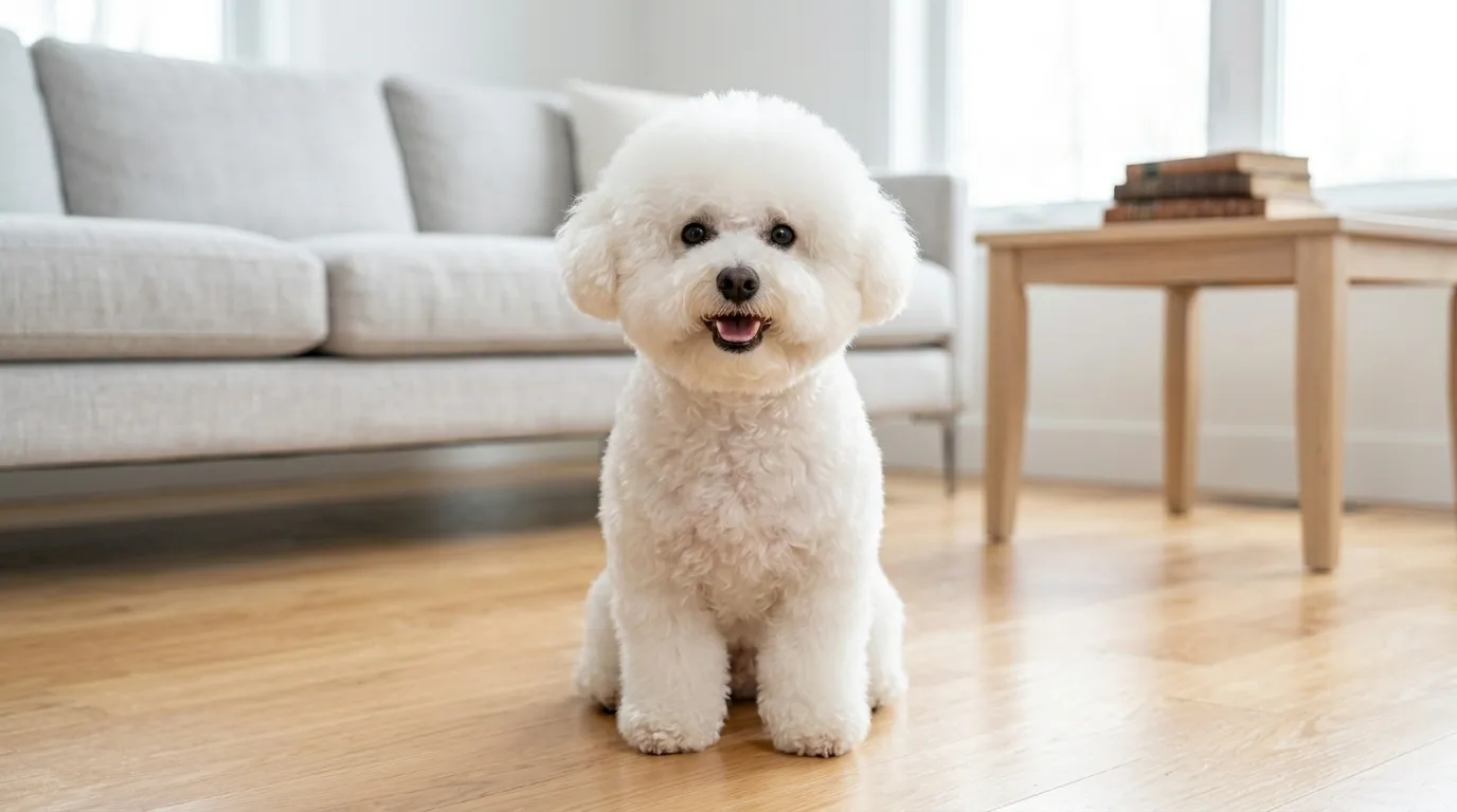 Bichon Frise fofo e limpo em piso sem pelos espalhados