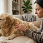 Pessoa examinando pelagem do cachorro em busca de sinais de racao inadequada