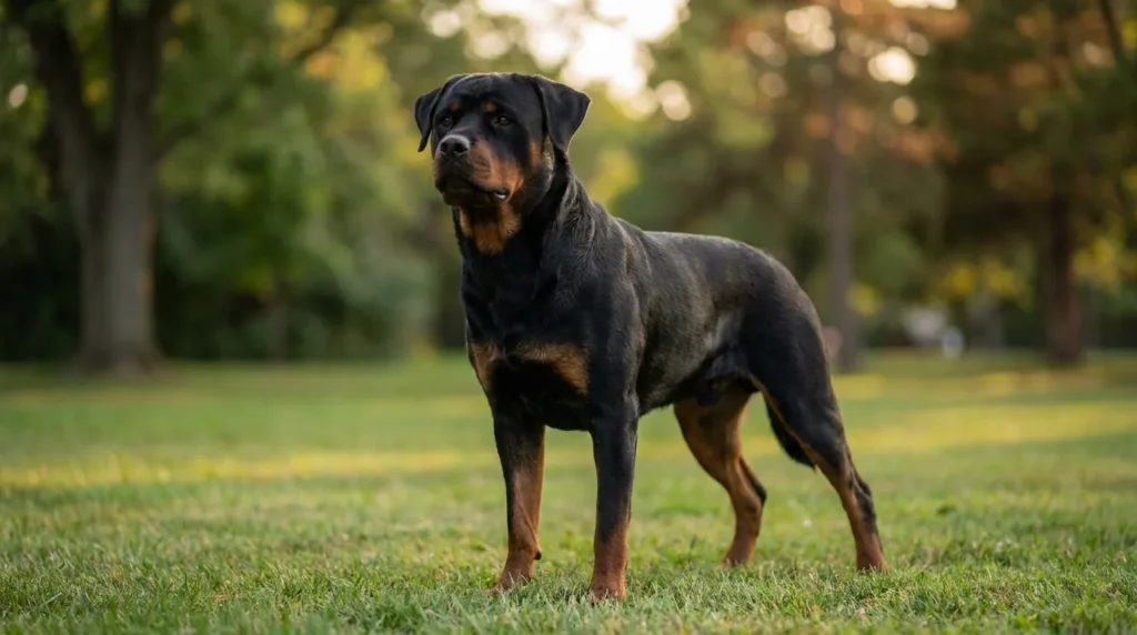 Rottweiler adulto em pé em um gramado de parque