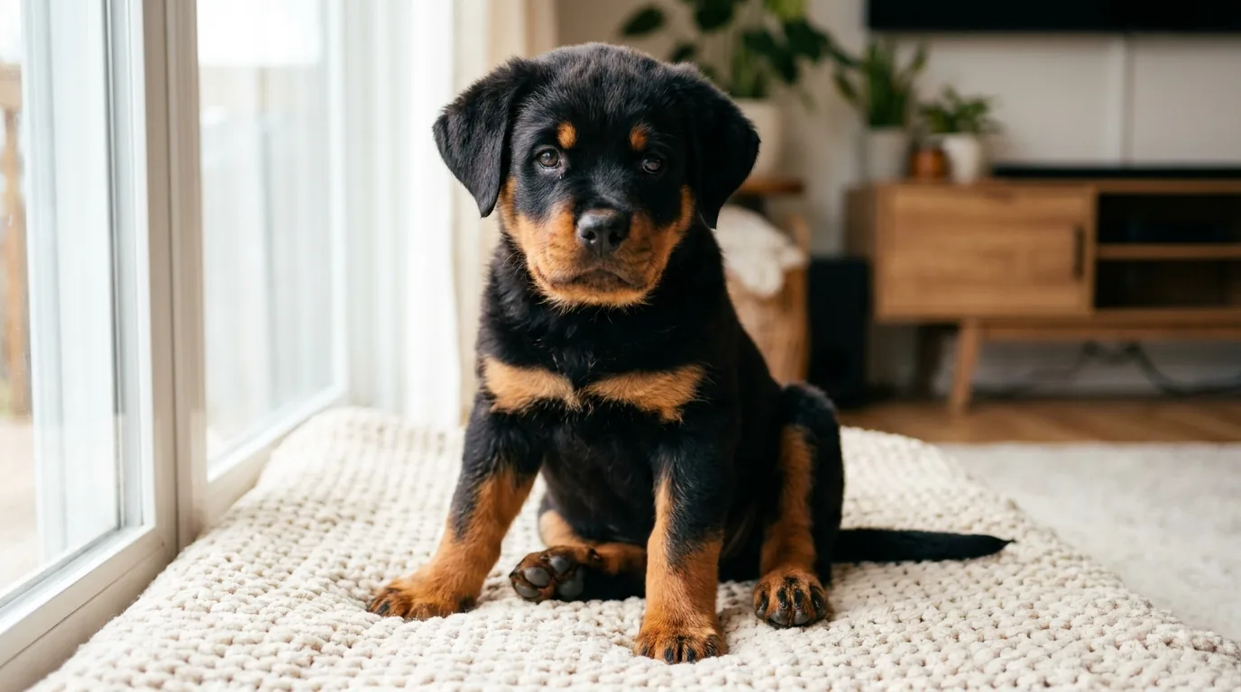 Filhote de rottweiler de dois meses sentado em um cobertor
