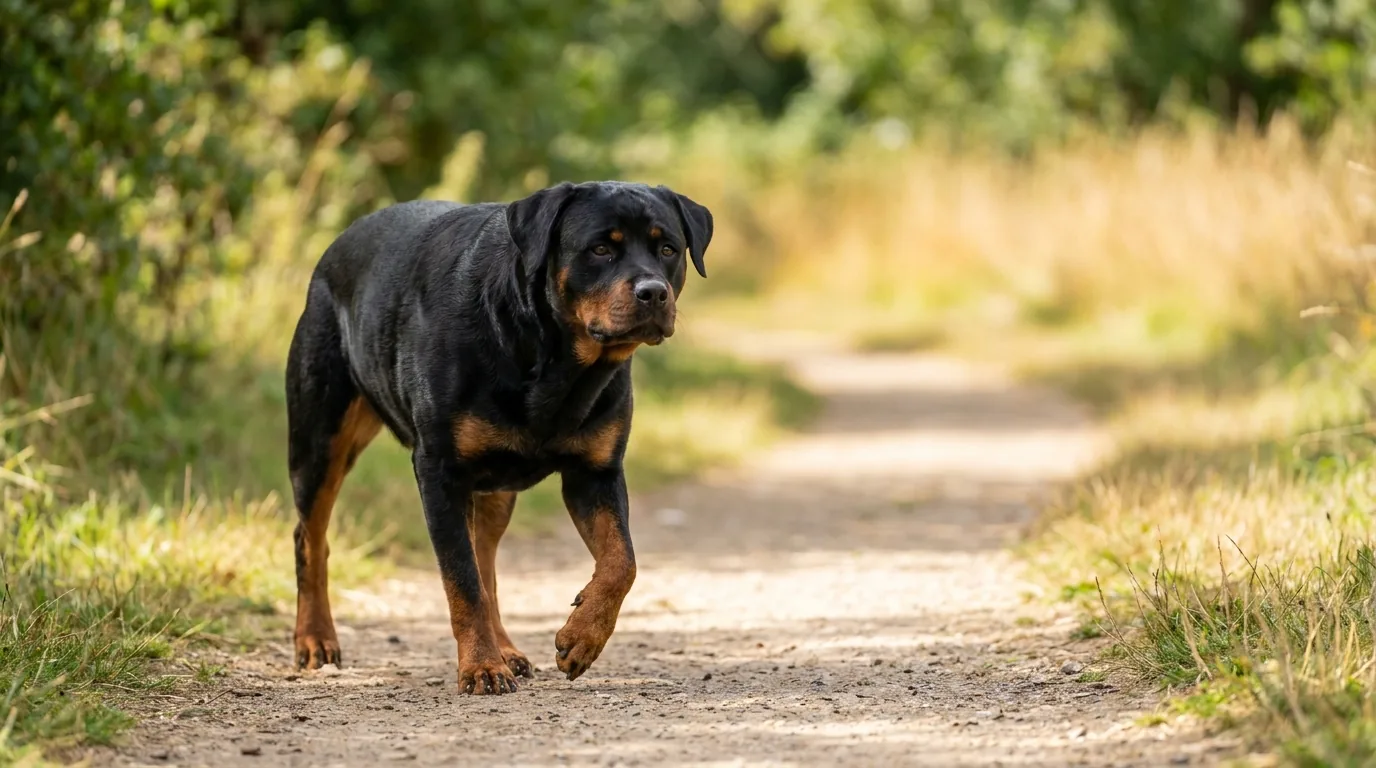Fêmea rottweiler adulta caminhando em uma trilha de parque