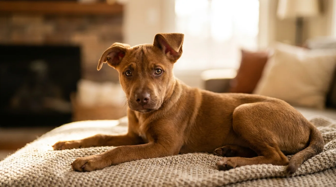 Filhote de cachorro marrom caramelo deitado em um cobertor aconchegante