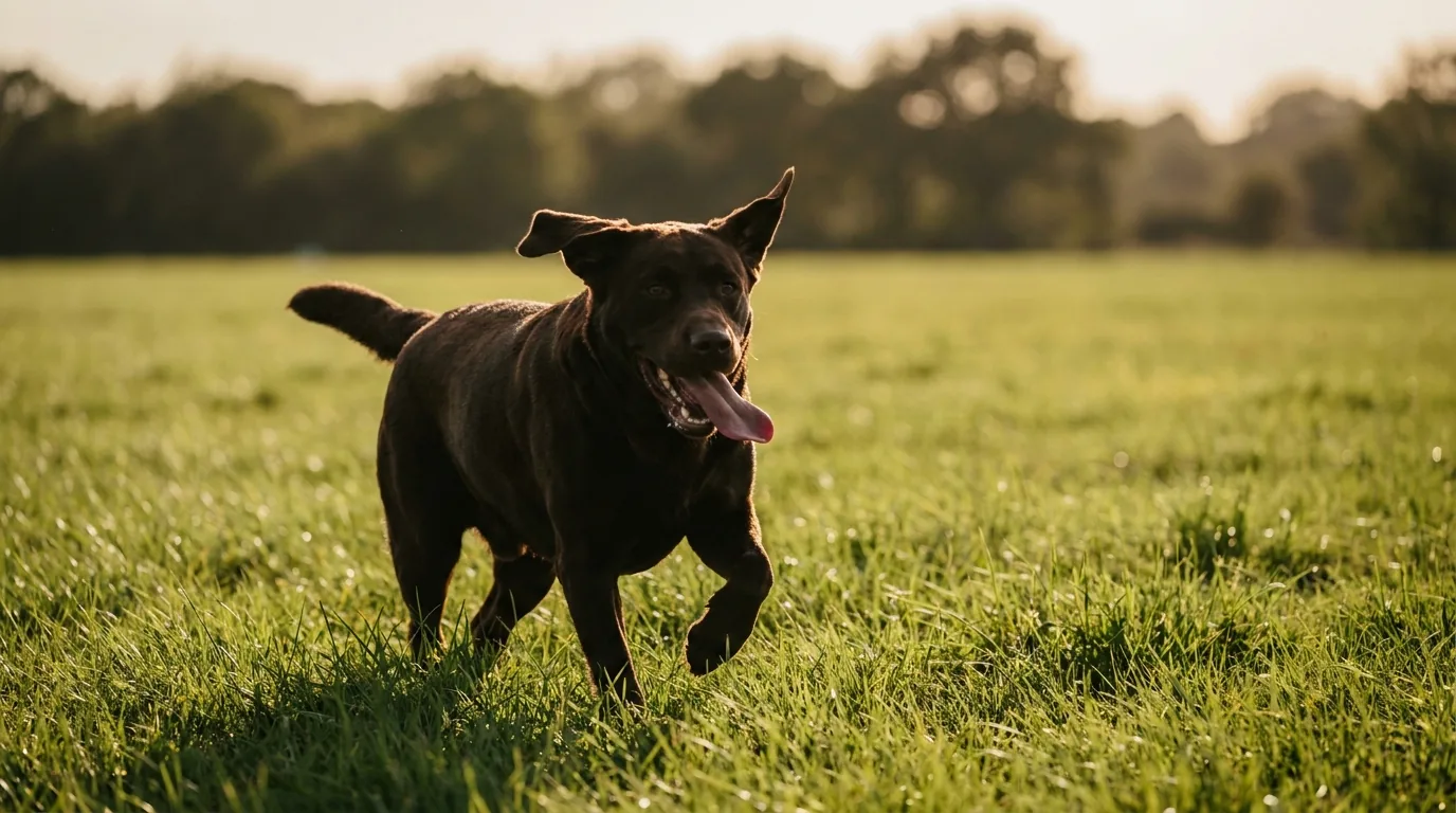 Cachorro marrom correndo animado em um campo gramado