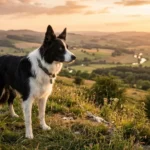 Border Collie preto e branco em colina gramada ao entardecer, pelagem com contraste marcante