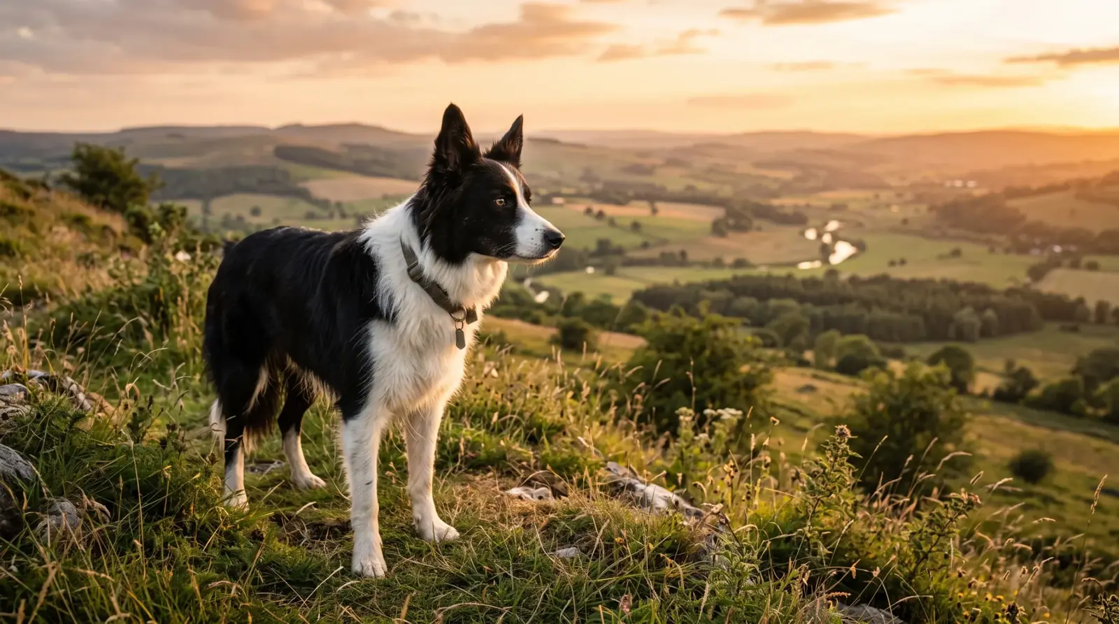 Border Collie preto e branco em colina gramada ao entardecer, pelagem com contraste marcante