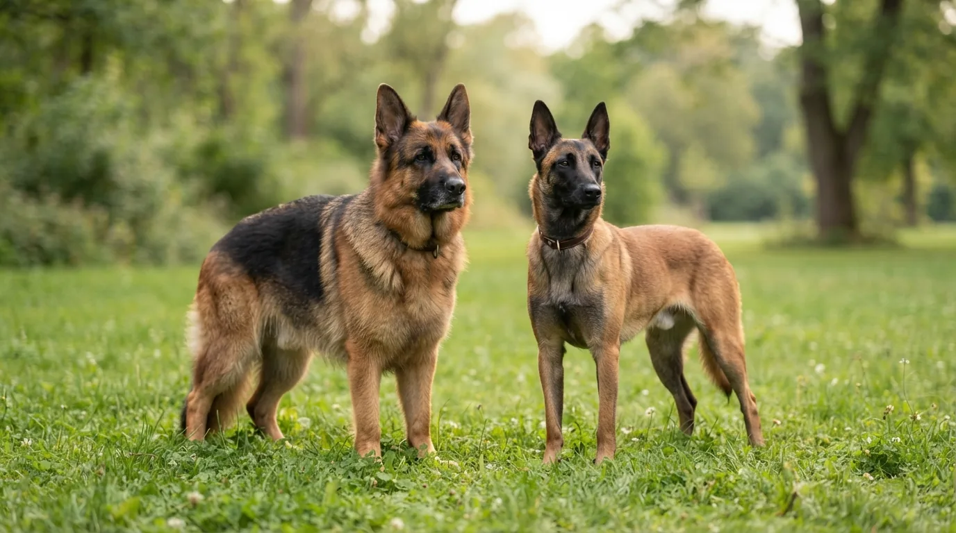 Pastor alemão e belga malinois lado a lado, comparando porte e estrutura física