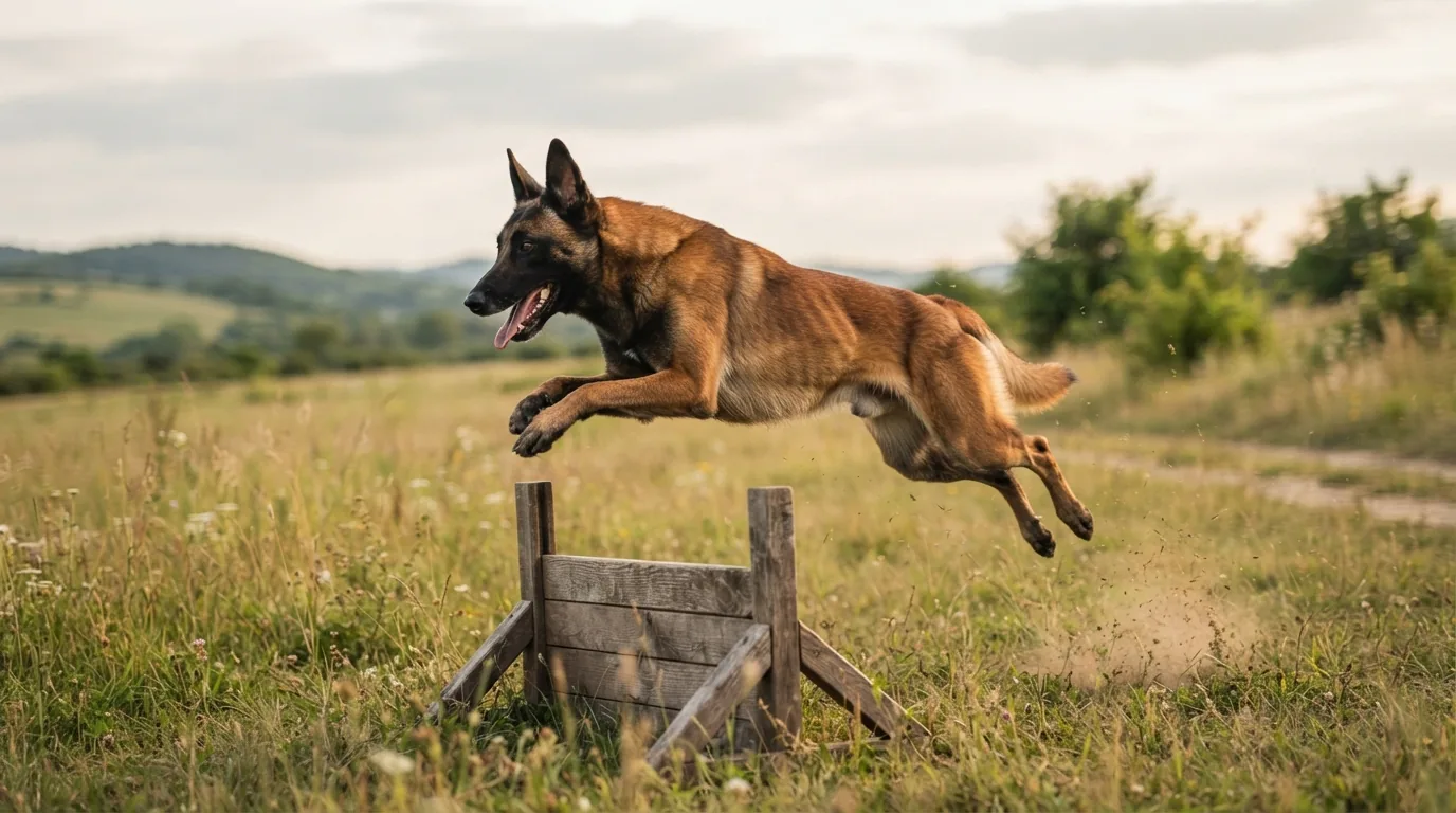 Belga malinois saltando em movimento, mostrando a energia intensa da raça