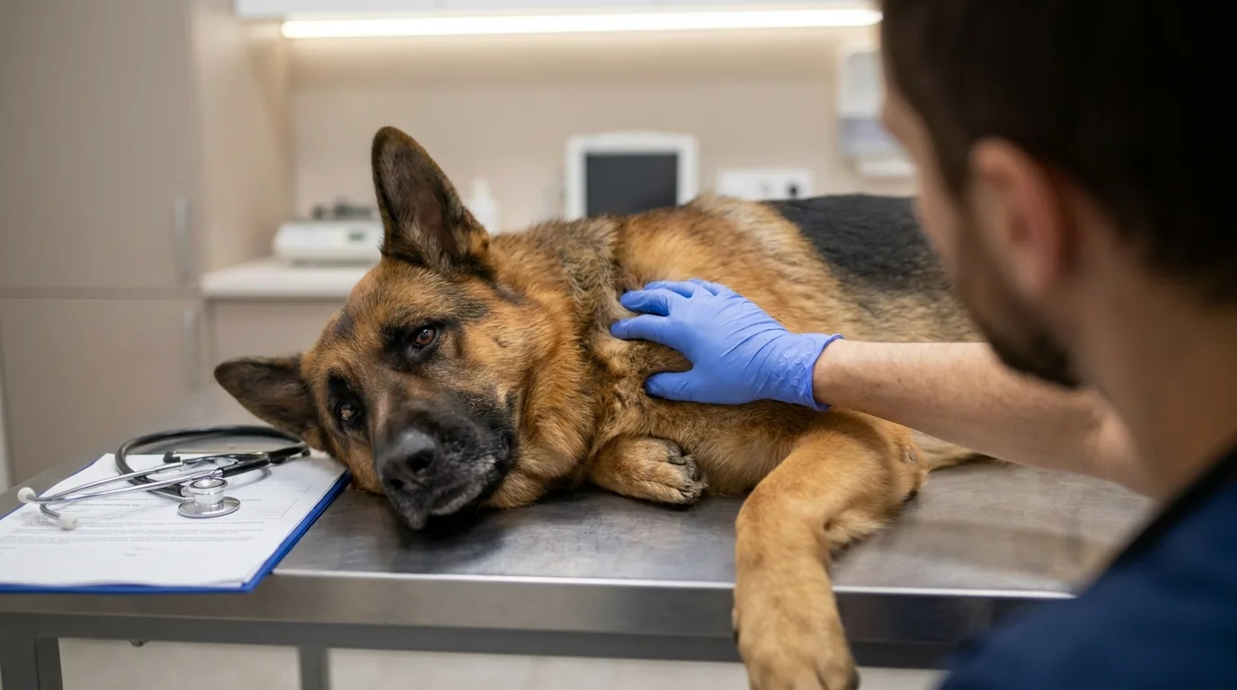Veterinário examinando um pastor alemão adulto em consulta de rotina